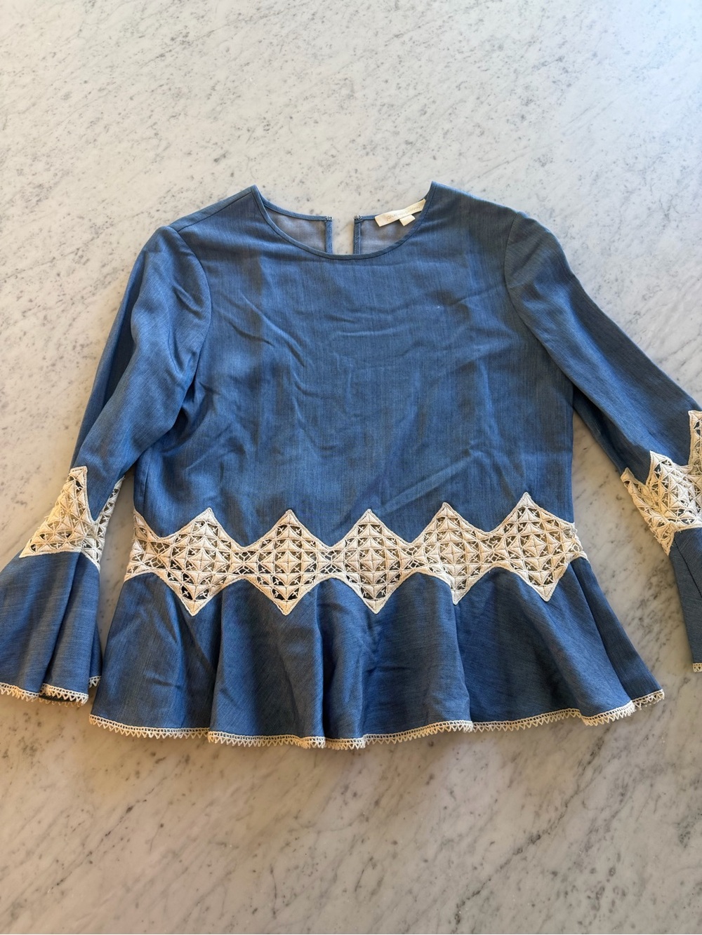 Jonathan Simkhai Blue Peplum Blouse with White Crochet Trim